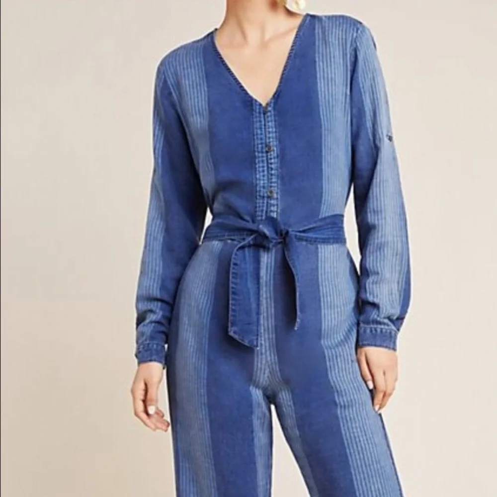 Anthropologie Cloth & Stone Laney Chambray Jumpsuit Striped Pants Jumpsuit XL - Picture 2 of 14